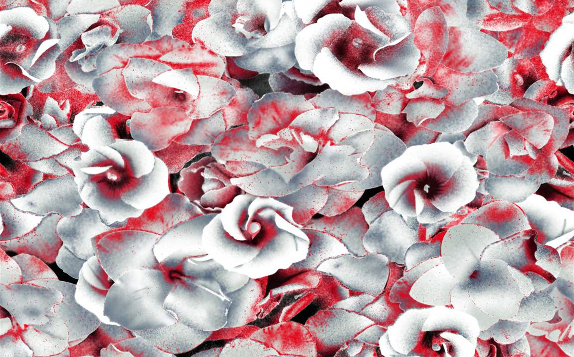 红白晕染玫瑰花型面料印花素材,适用于服装印花设计