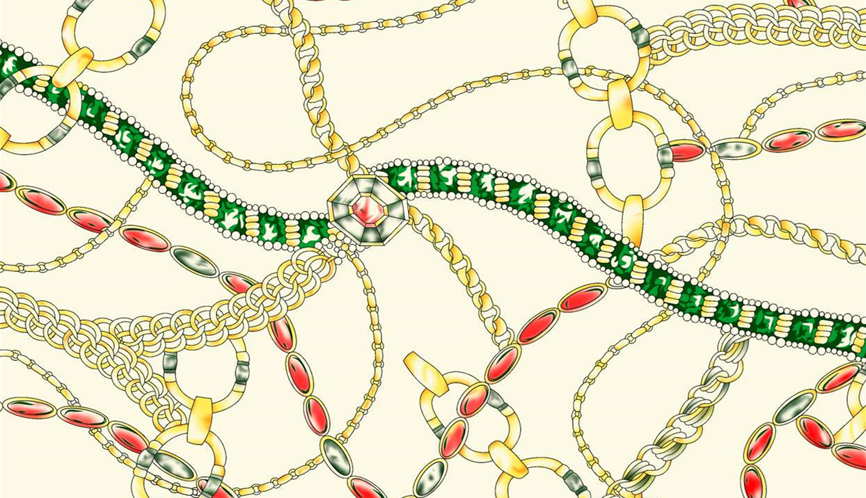 复古珠宝链纹面料印花素材,适用于高端服装印花设计