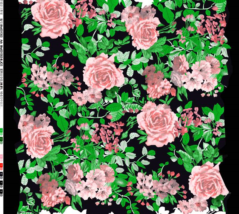 黑底粉玫瑰绿叶繁花面料印花素材,适用于服装印花设计