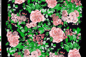 黑底粉玫瑰绿叶繁花面料印花素材，适用于服装印花设计