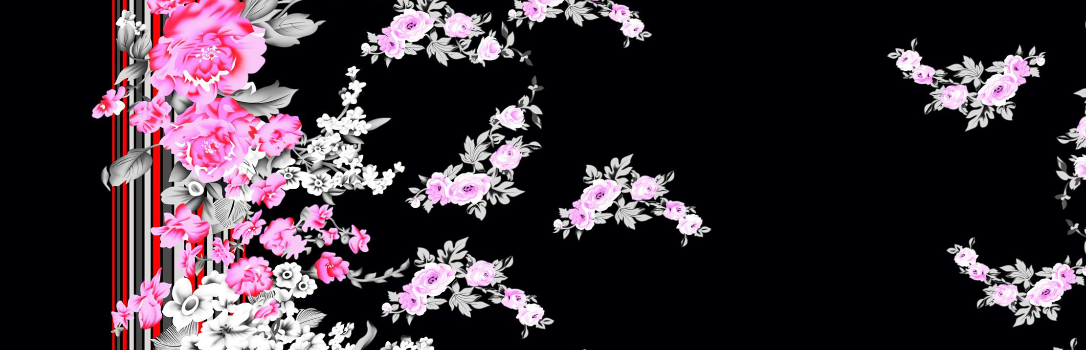 黑底粉白花卉面料印花素材,适用于服装印花设计与数码印染