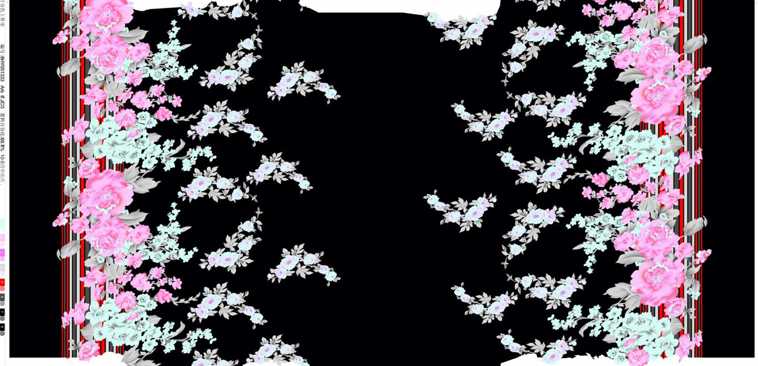 黑底粉青花卉面料印花素材,适用于服装印花设计与数码印染