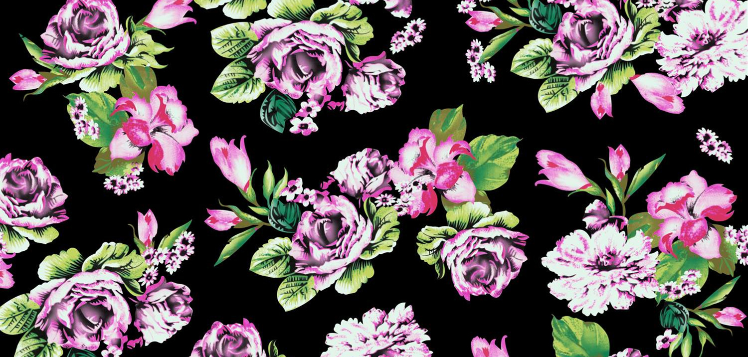 黑底粉紫花卉面料印花素材,适用于服装印花设计与数码印染