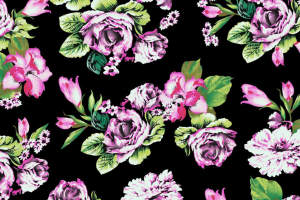 黑底粉紫花卉面料印花素材，适用于服装印花设计与数码印染