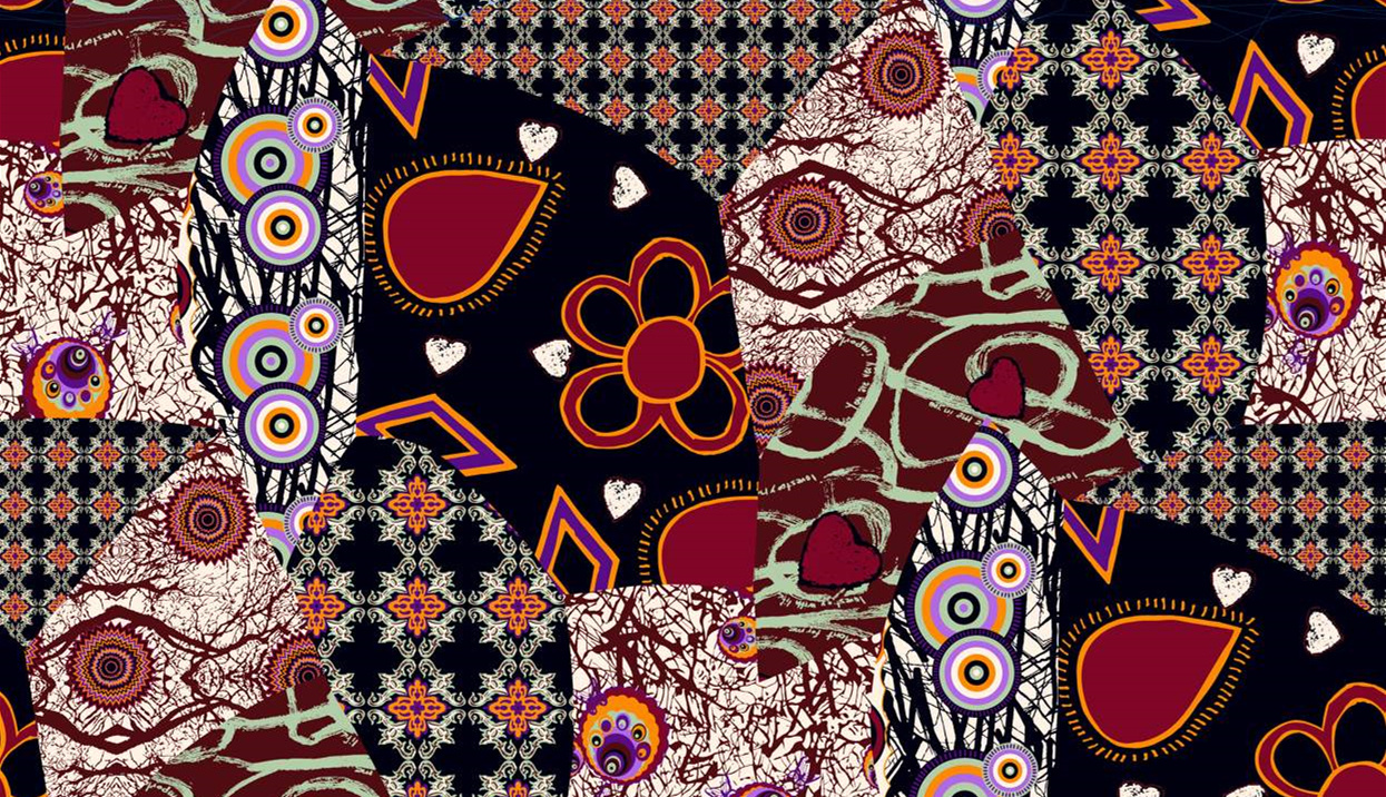 复古拼贴风面料印花素材,适用于服装印花设计的高辨识度花型图库