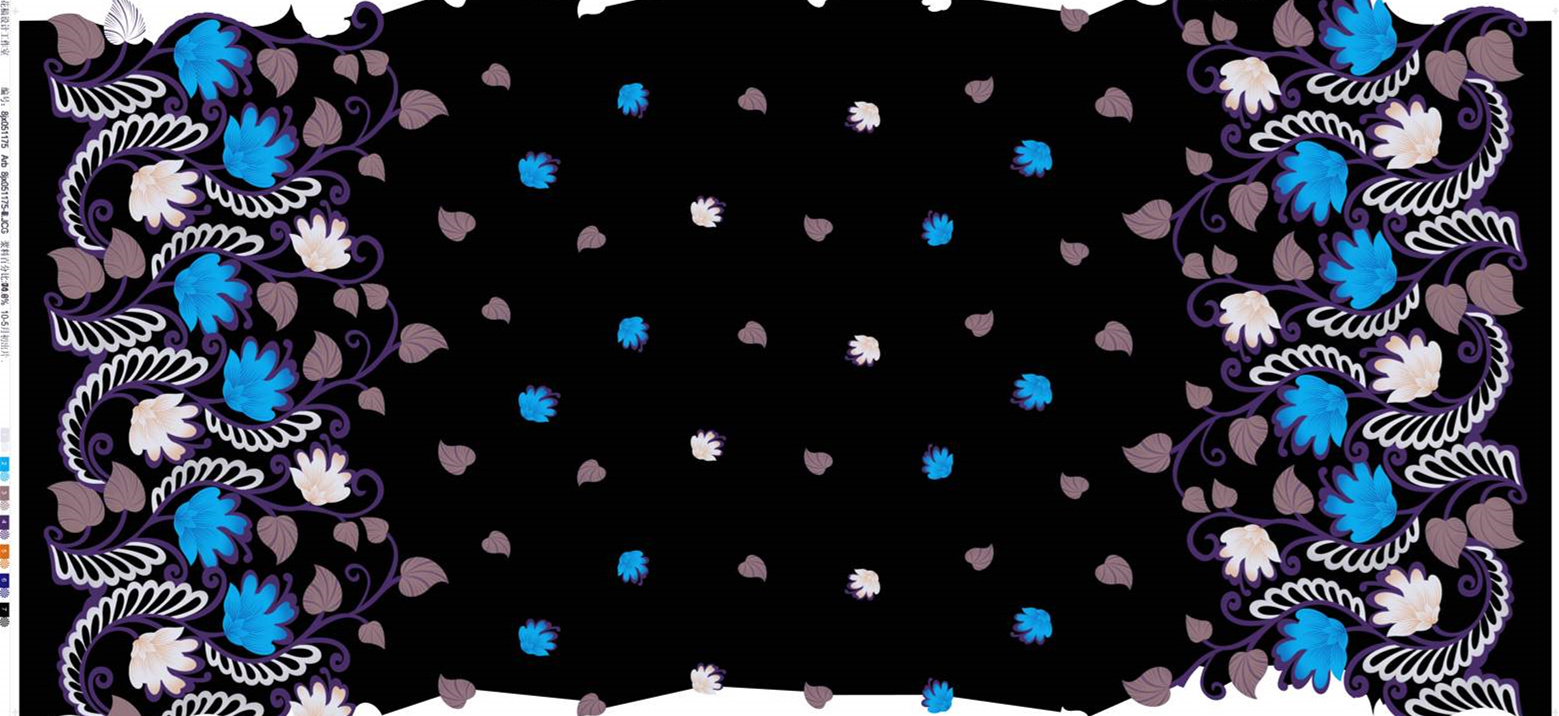 黑底蓝白花卉藤蔓面料印花素材,适用于服装印花设计