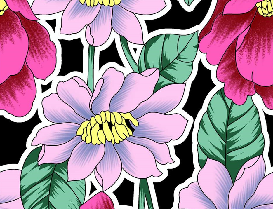 高对比度手绘风花卉面料印花素材,适用于服装印花设计