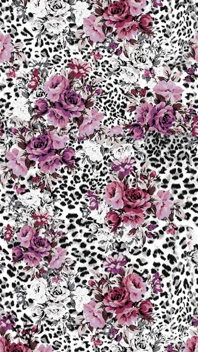 豹纹底紫粉玫瑰花卉面料印花素材,适用于服装印花设计