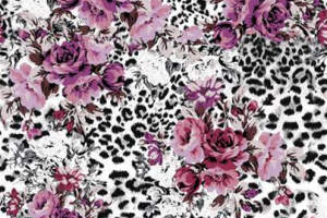 豹纹底紫粉玫瑰花卉面料印花素材，适用于服装印花设计