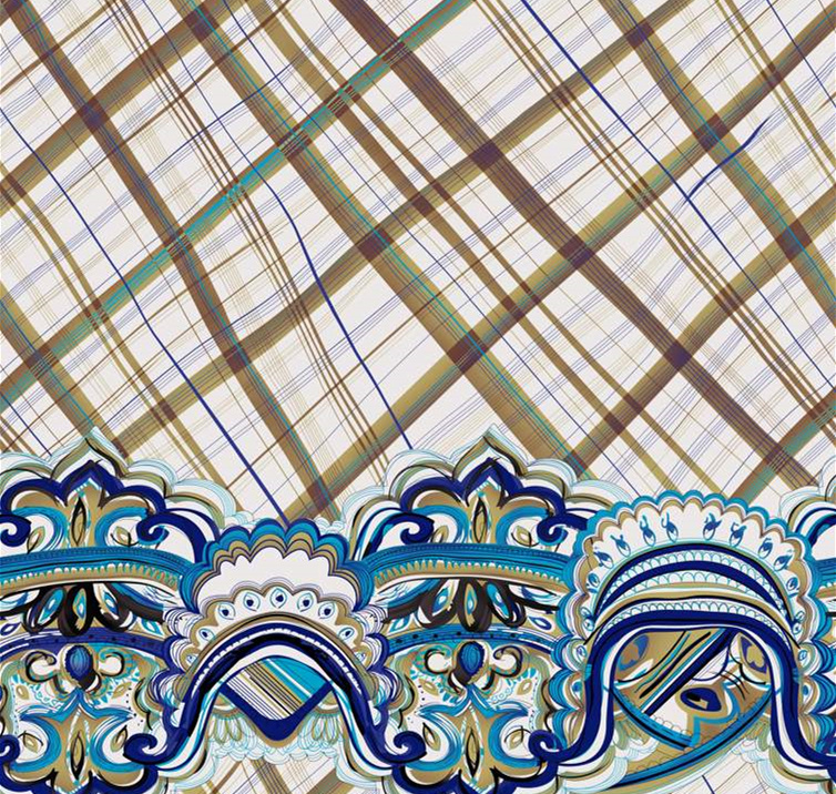 蓝金佩斯利格纹组合面料印花素材,适用于服装印花设计