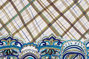 蓝金佩斯利格纹组合面料印花素材，适用于服装印花设计