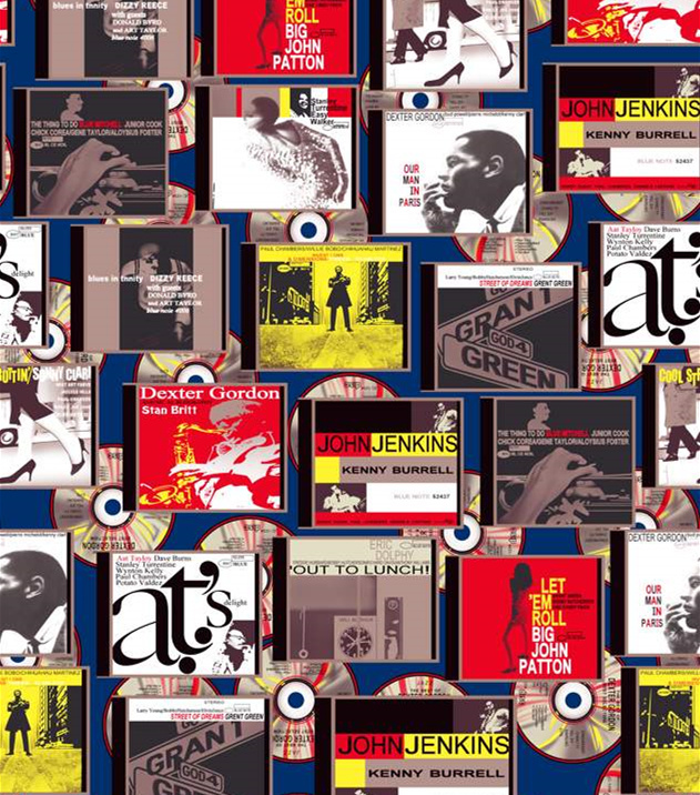 复古黑胶唱片拼贴风面料印花素材,适用于服装印花设计