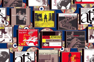 复古黑胶唱片拼贴风面料印花素材，适用于服装印花设计