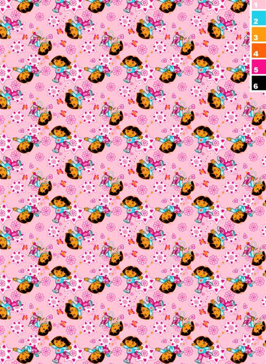 粉色童趣Dora角色面料印花素材,适用于儿童服装印花设计