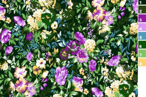 繁花密语面料印花素材｜高饱和度紫黄花卉服装印花设计图