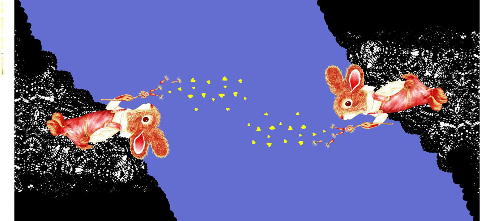 梦幻对称兔形面料印花素材,适用于童装与创意服装印花设计