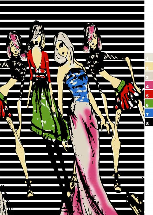 波普风条纹背景人物插画面料印花素材,适用于服装印花设计