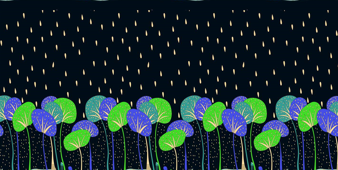 雨夜荷叶主题面料印花素材,适用于春夏服装印花设计