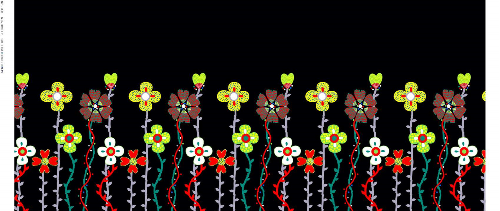 黑底波点花卉面料印花素材,适用于服装印花设计与数码印染