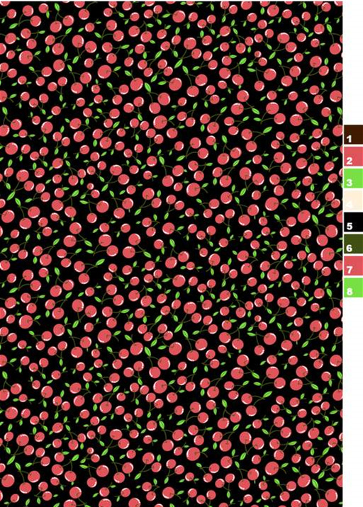 黑底红果绿叶密集花型面料印花素材,适用于服装印花设计