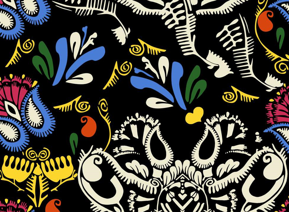 复古民族风面料印花素材,适用于服装印花设计的高对比度花型图案