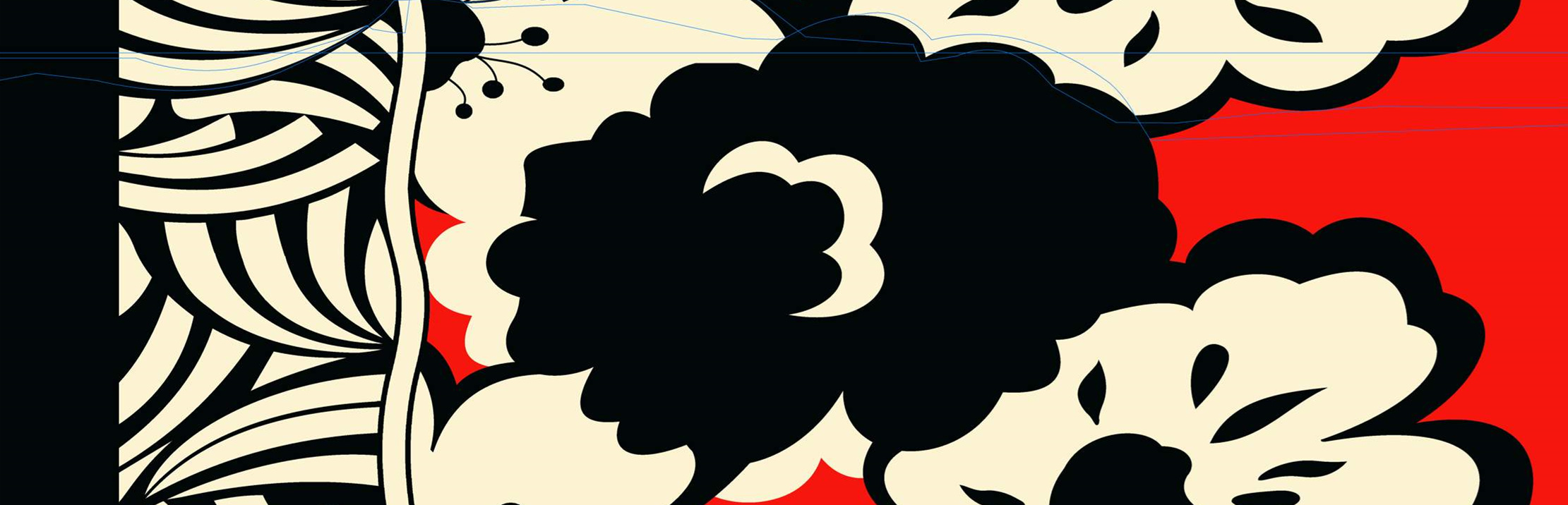 高对比度黑白红抽象花卉面料印花素材,适用于服装印花设计