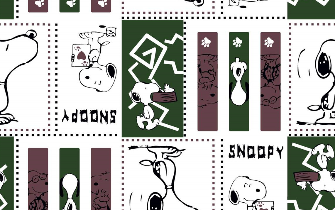 史努比主题面料印花素材图,经典黑白绿配色服装印花设计