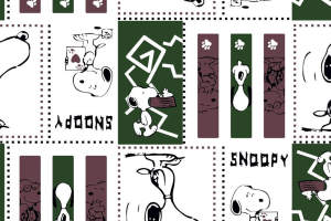 史努比主题面料印花素材图，经典黑白绿配色服装印花设计