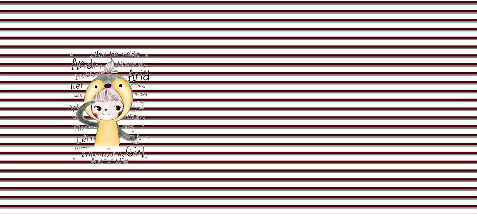 红白条纹背景卡通女孩插画面料印花素材,适用于儿童服装印花设计