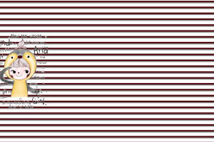 红白条纹背景卡通女孩插画面料印花素材，适用于儿童服装印花设计