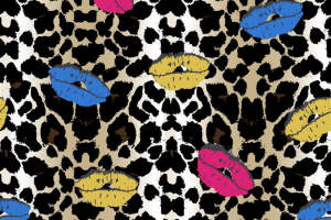 豹纹底色撞色唇印面料印花素材，适用于时尚服装印花设计