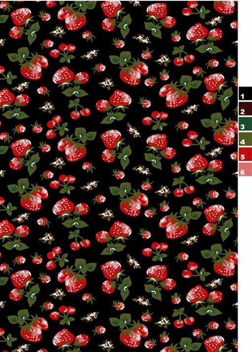 黑底草莓樱桃印花面料图案,适用于服装印花设计的高清素材