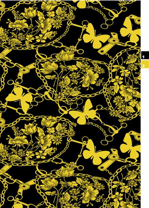 黑底金链蝴蝶花卉面料印花素材,适用于服装印花设计