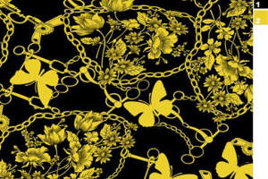 黑底金链蝴蝶花卉面料印花素材，适用于服装印花设计