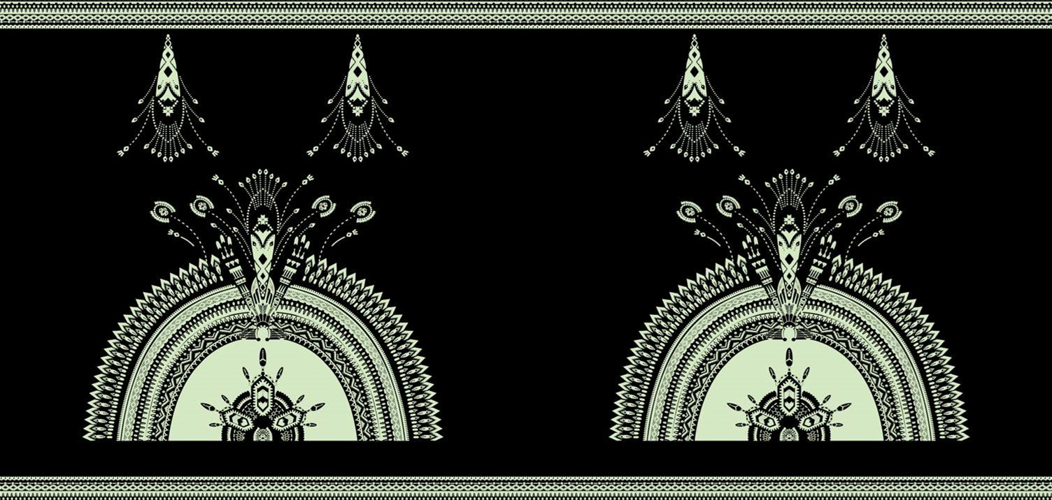 复古民族风面料印花素材,适用于服装印花设计的对称式装饰图案