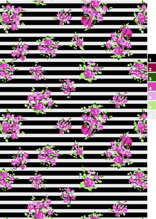 黑白条纹底粉紫花卉面料印花素材,适用于服装印花设计