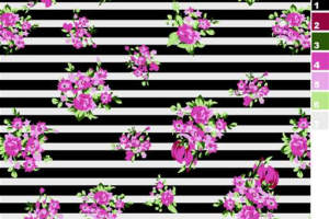 黑白条纹底粉紫花卉面料印花素材，适用于服装印花设计