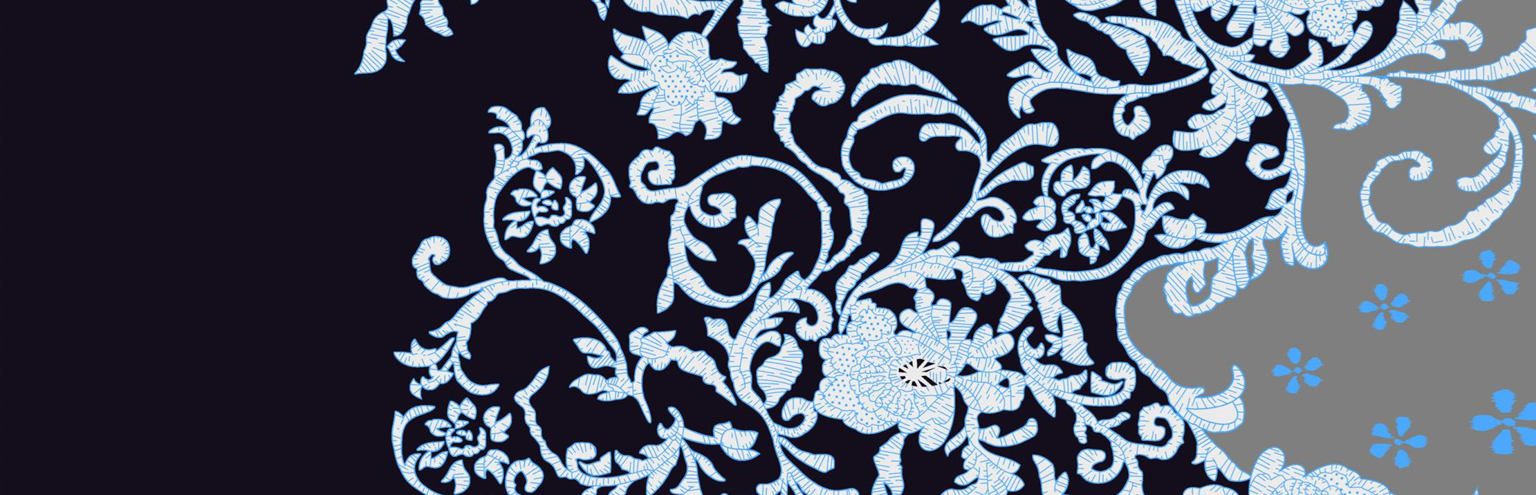 经典蓝白花卉卷草纹面料印花素材,适用于服装印花设计