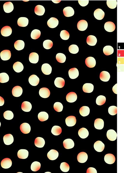 黑底暖光晕染波点面料印花素材,适用于时尚服装印花设计