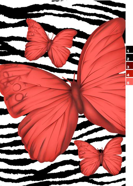 红蝶斑马纹面料印花素材,适用于服装印花设计的高对比度花型图