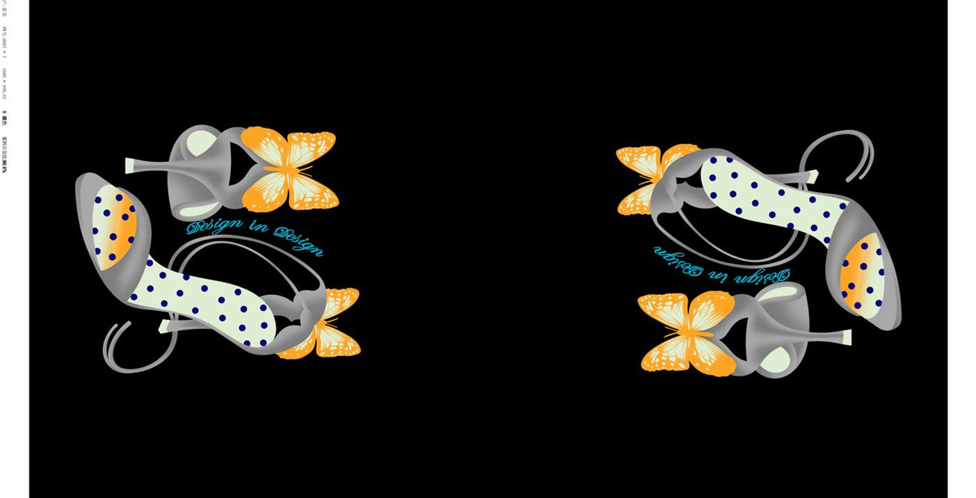 时尚高跟鞋与蝴蝶组合面料印花素材,适用于服装印花设计