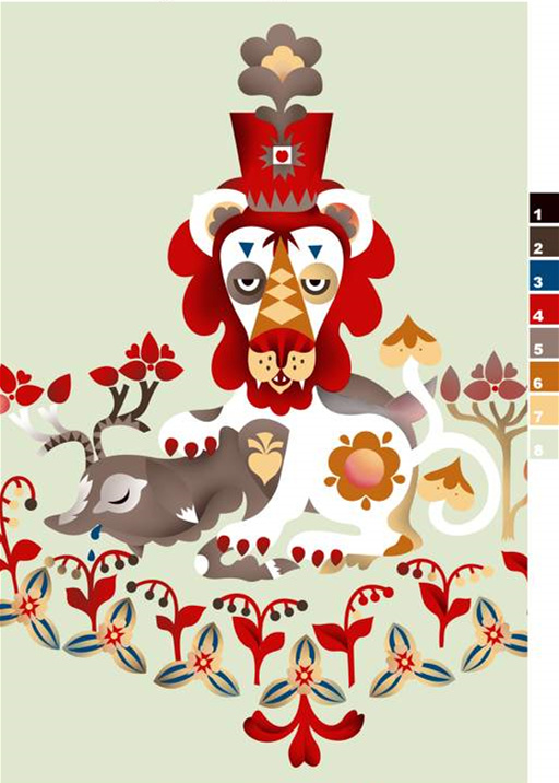 复古民族风狮子花卉图案面料印花素材,适用于服装印花设计