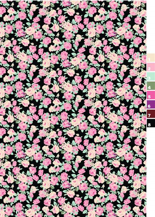 黑底粉玫瑰小碎花面料印花素材,适用于女装衬衫与连衣裙服装印花设计