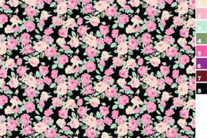 黑底粉玫瑰小碎花面料印花素材，适用于女装衬衫与连衣裙服装印花设计