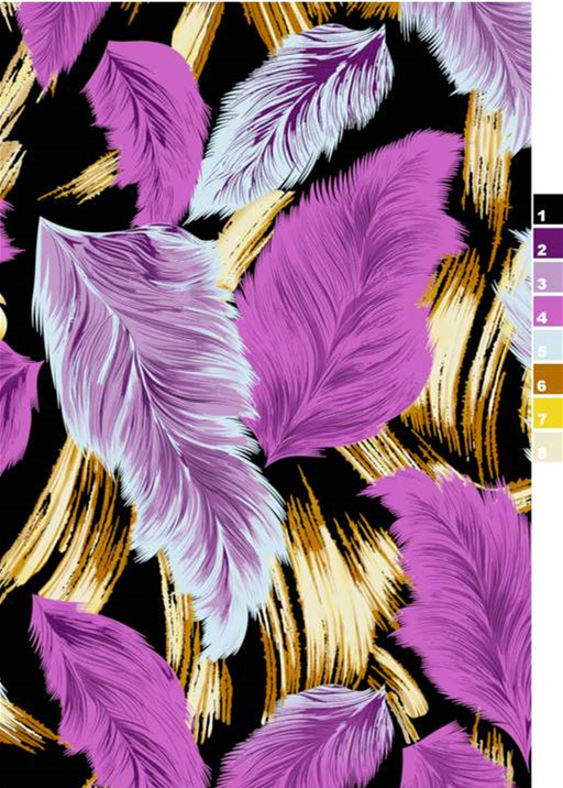 紫色羽毛与金色笔触交织的服装印花素材,适用于高端面料印花设计