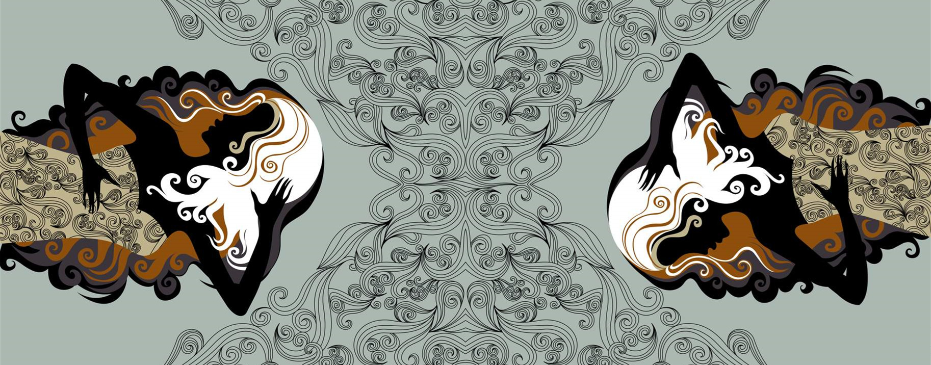 抽象女性剪影与卷草纹结合的服装印花素材,适用于高端面料印花设计