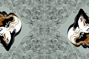 抽象女性剪影与卷草纹结合的服装印花素材，适用于高端面料印花设计