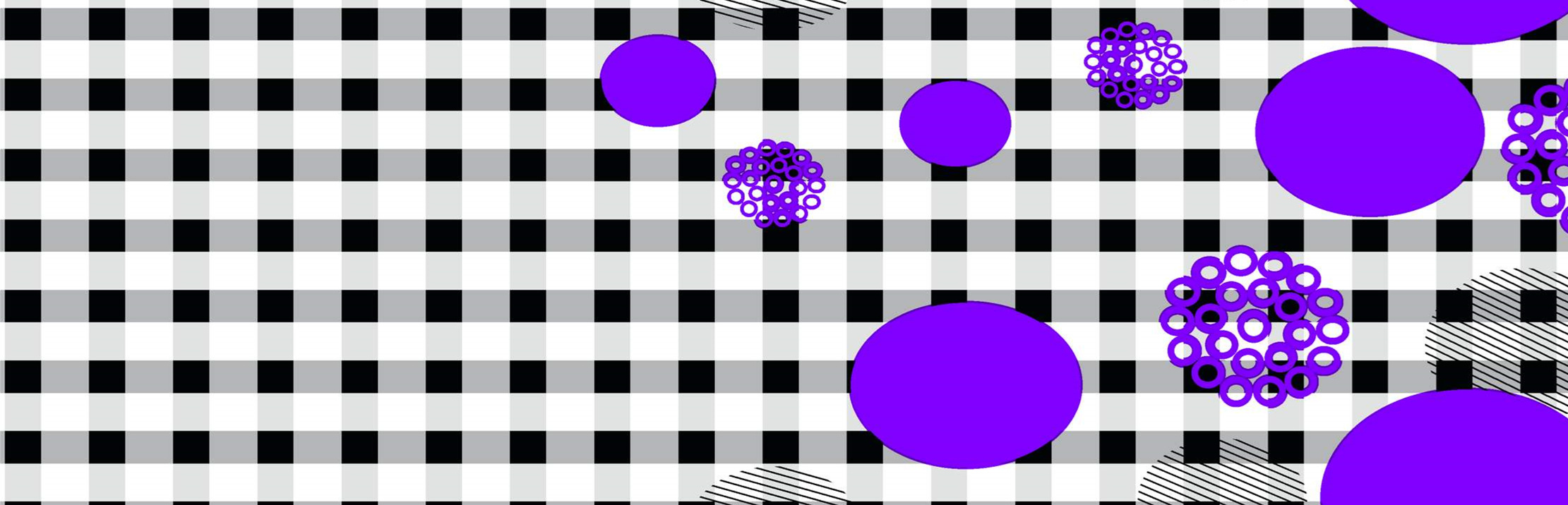 黑白格纹底紫圆点簇状图案面料印花素材,适用于服装印花设计