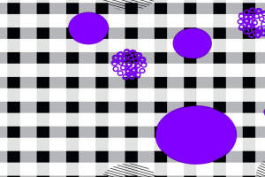 黑白格纹底紫圆点簇状图案面料印花素材，适用于服装印花设计