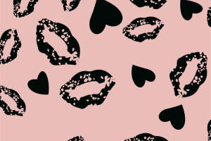 粉色底黑唇印与爱心图案面料印花素材，适合女性服装印花设计